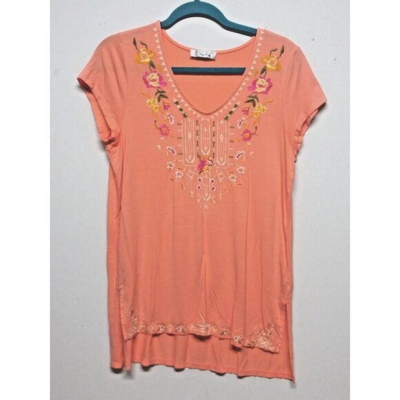 Women's Cupio Top Embroidered Coral Stretch Knit Top Size M/L long Beautiful EUC - Picture 3 of 8